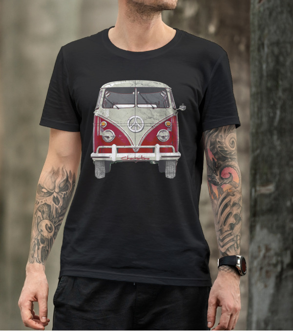 Vintage 1960s Hippie Red Micro Bus Peace Sign Van Surf Wagon Checkerstone T-Shirt