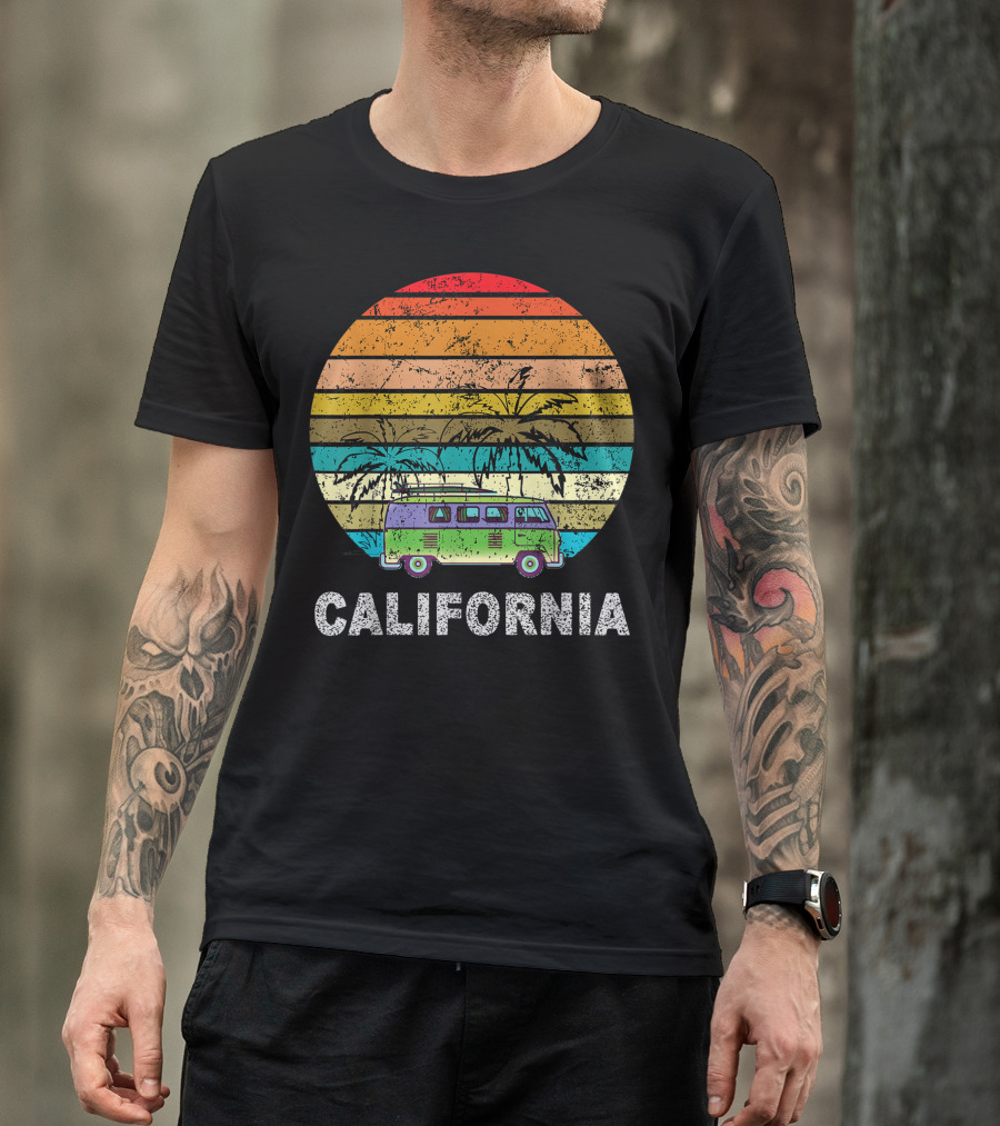 Vintage California Hippie Van Beach Surfer Palm Trees Sunset T-Shirt