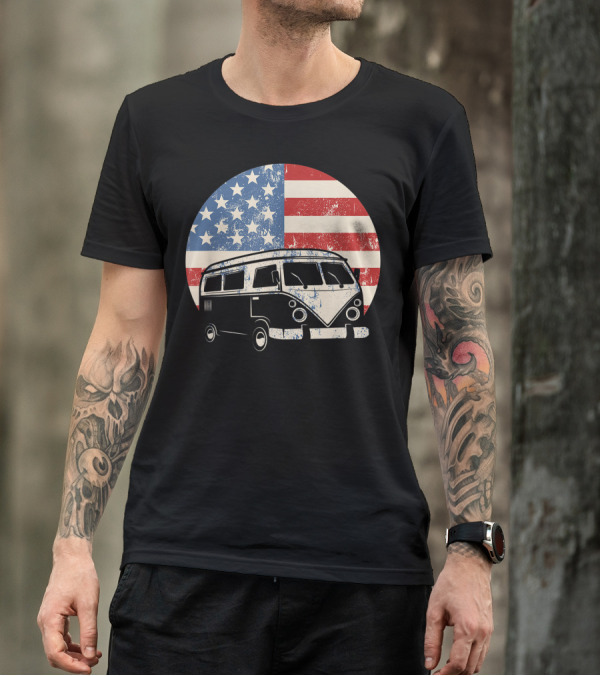 Vintage American Flag Camper Van July 4th Patriotic Hippy Camping RV T-Shirt