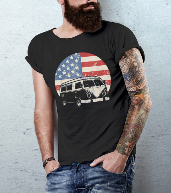 Vintage American Flag Camper Van July 4th Patriotic Hippy Camping RV T-Shirt
