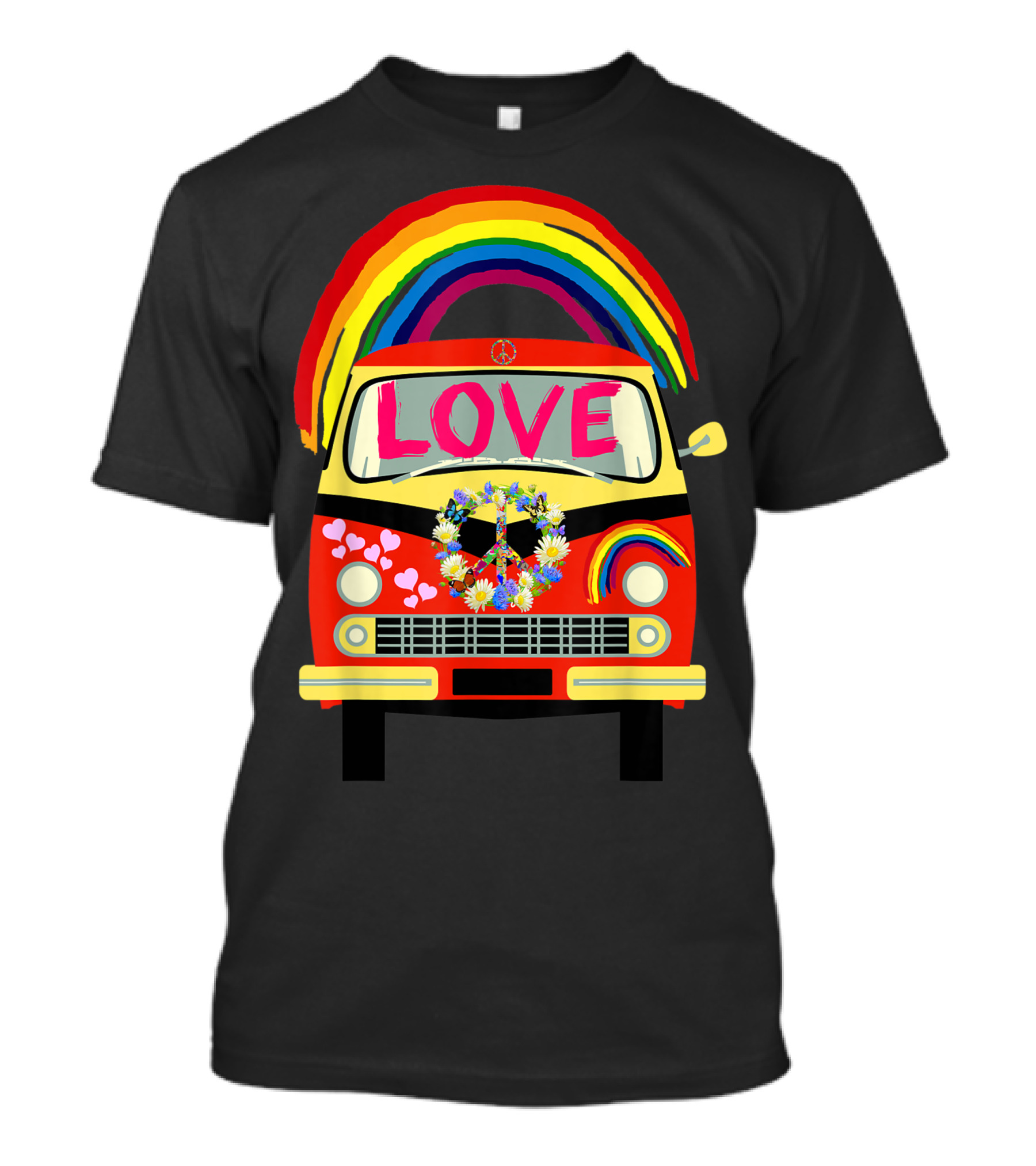 Vintage Hippie Bus Cute Van Rainbow Love Peace Symbol Hearts T-Shirt