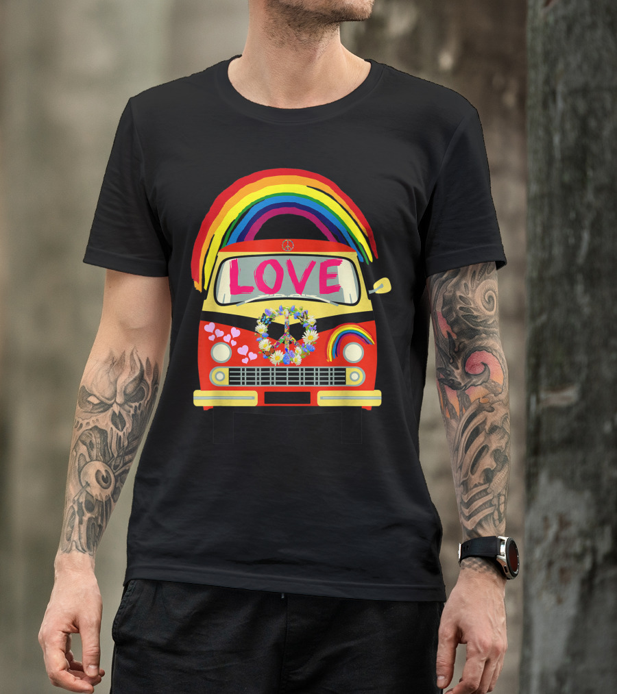 Vintage Hippie Bus Cute Van Rainbow Love Peace Symbol Hearts T-Shirt