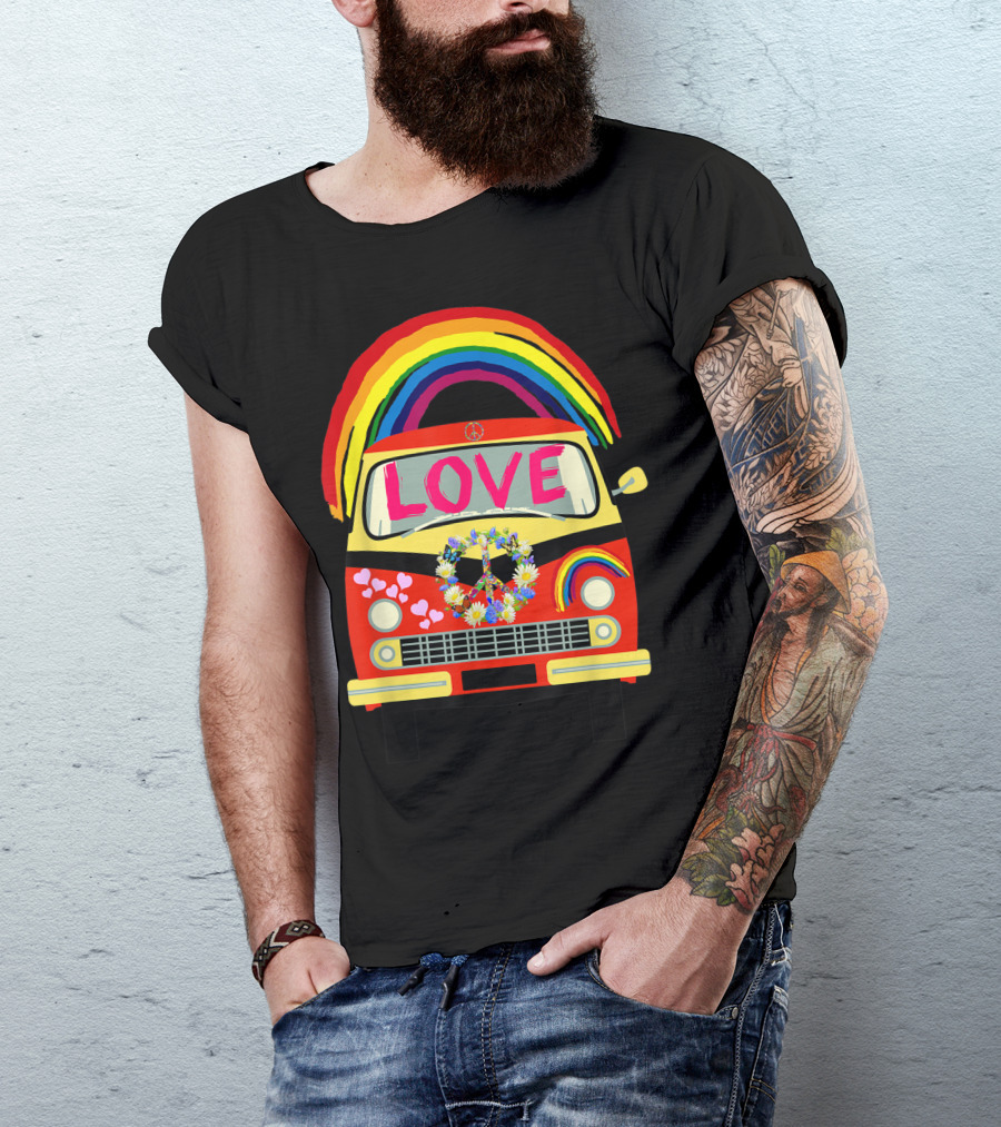 Vintage Hippie Bus Cute Van Rainbow Love Peace Symbol Hearts T-Shirt