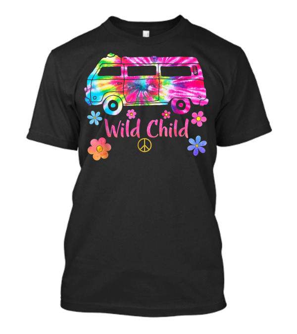Vintage Hippie Tie Dye Rainbow Bus Peace Van Wild Child Flowers T-Shirt
