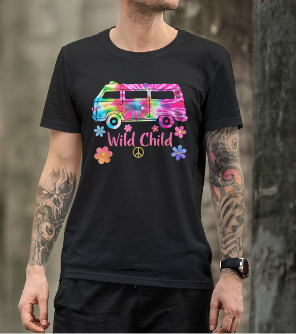 Vintage Hippie Tie Dye Rainbow Bus Peace Van Wild Child Flowers T-Shirt