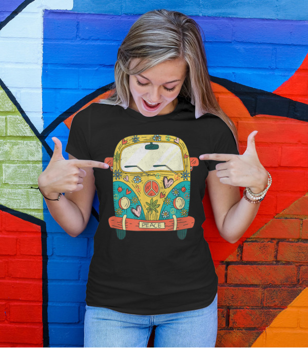 Peaceful Vintage Hippie Van With Flowers And Peace Symbols T-Shirt