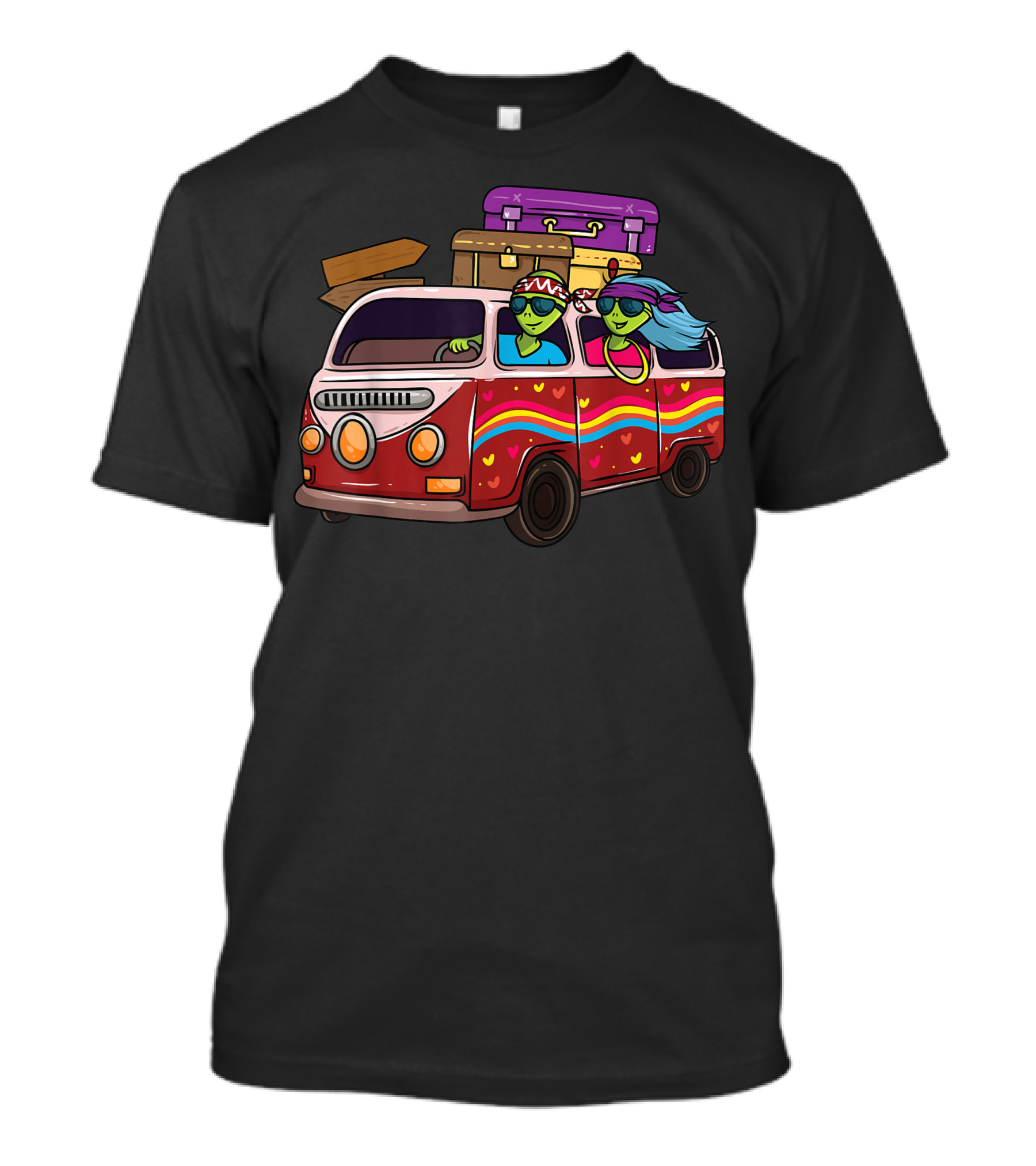 Hippie Van Journey With Flower Power Aliens Peace Sign T-Shirt