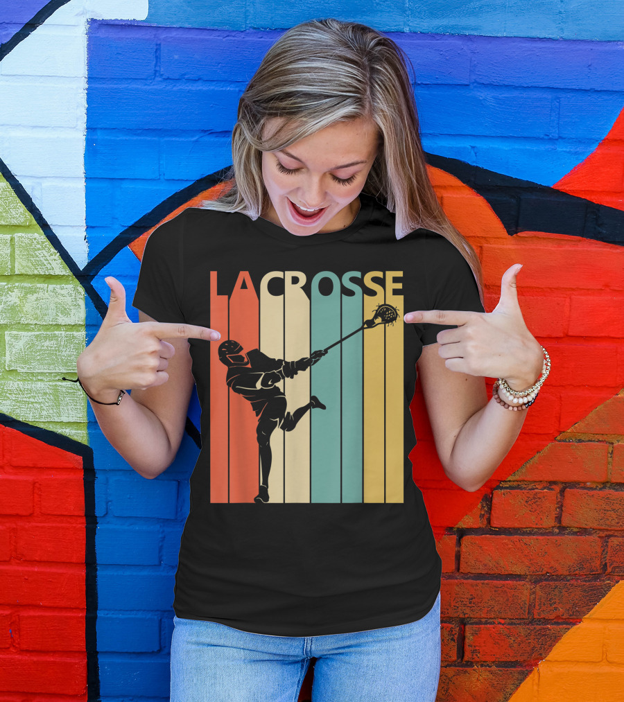 Retro Lacrosse Player Silhouette With Stripes T-Shirt