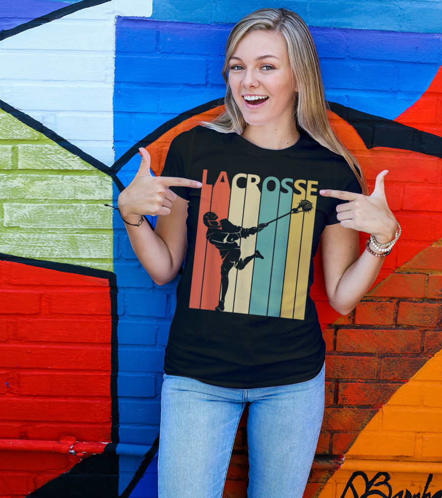 Retro Lacrosse Player Silhouette With Stripes T-Shirt