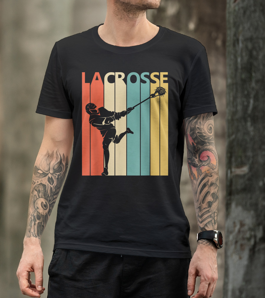Retro Lacrosse Player Silhouette With Stripes T-Shirt