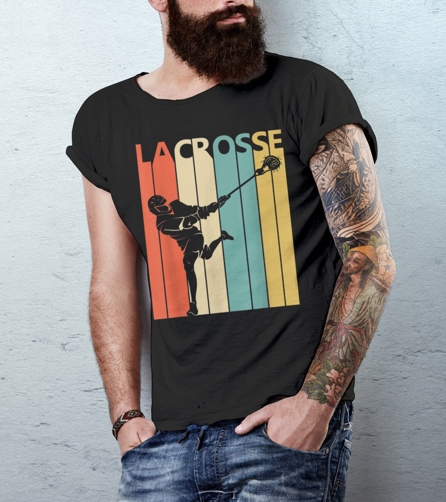 Retro Lacrosse Player Silhouette With Stripes T-Shirt