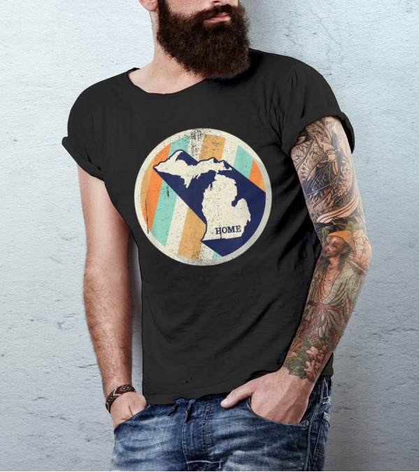 Vintage Michigan Home State Blue Retro Stripes T-Shirt