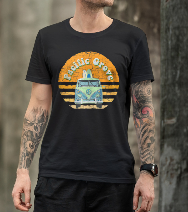 Pacific Grove Vintage Hippie Van With Peace Symbol And Surfboard Beach Scene T-Shirt