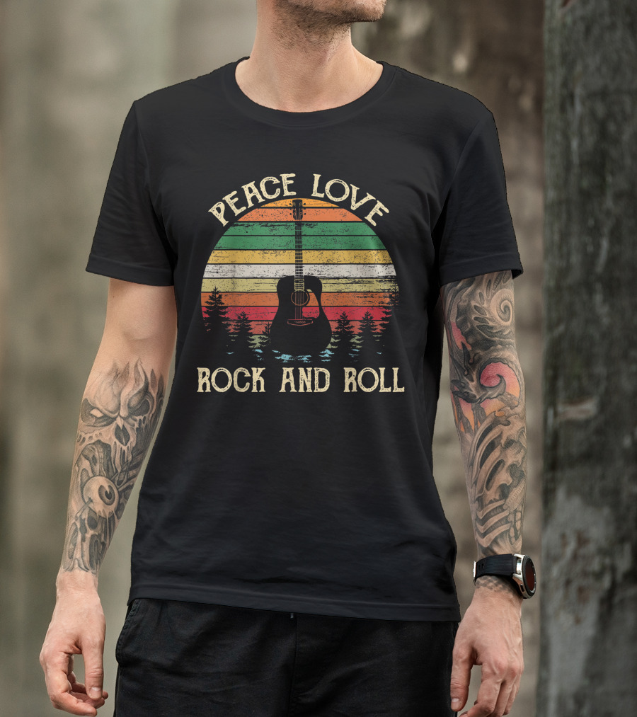 Peace Love Rock And Roll Vintage Guitar Retro Stripes T-Shirt