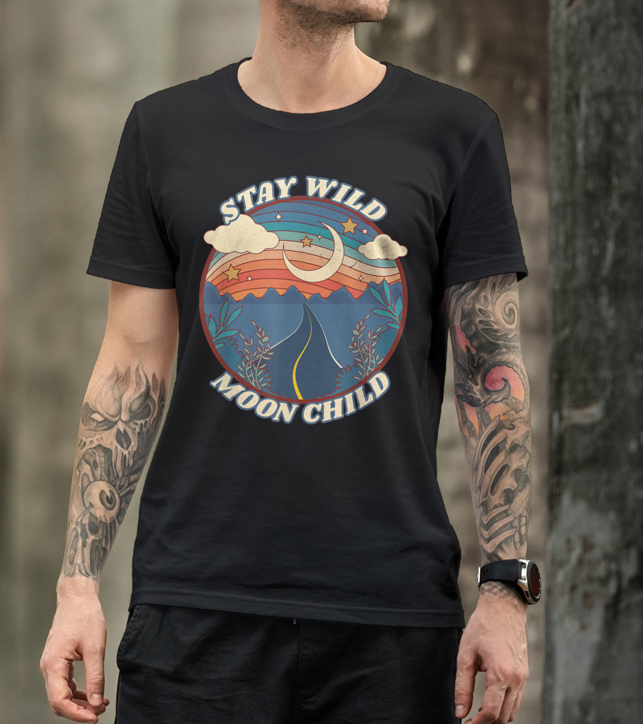 Stay Wild Moon Child Vintage Boho Peaceful Mountains And Stars Retro T-Shirt