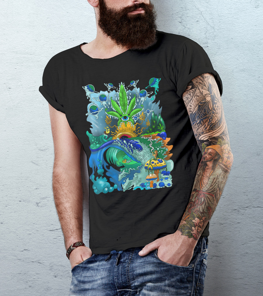 Hippie Trippy Surfer Cannabis Stoner Weed Art Psychedelic Ocean Mushrooms Waves T-Shirt