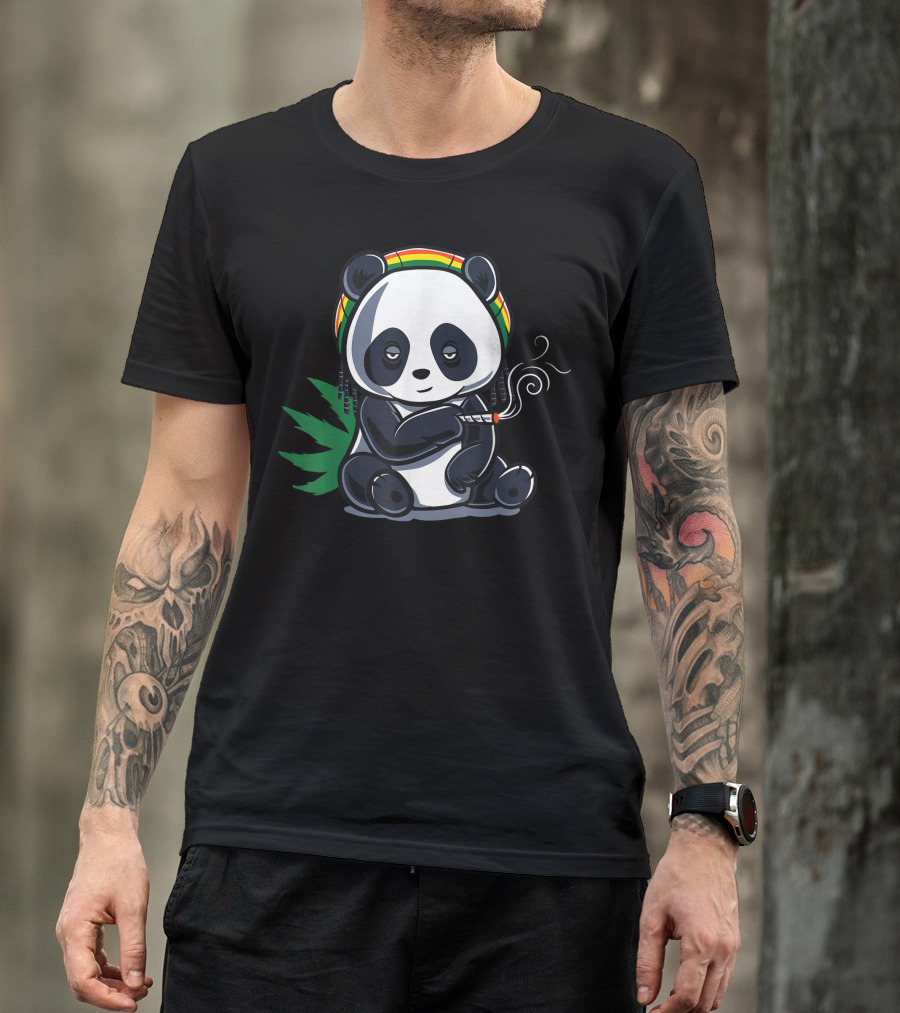 Weed Smoking Panda Marijuana Cannabis Stoner With Rasta Hat And Joint T-Shirt