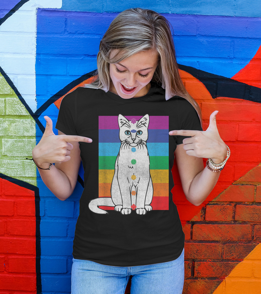 Wiccan Chakra Cat With Rainbow Tapestry And Meditating Tarot Elements T-Shirt