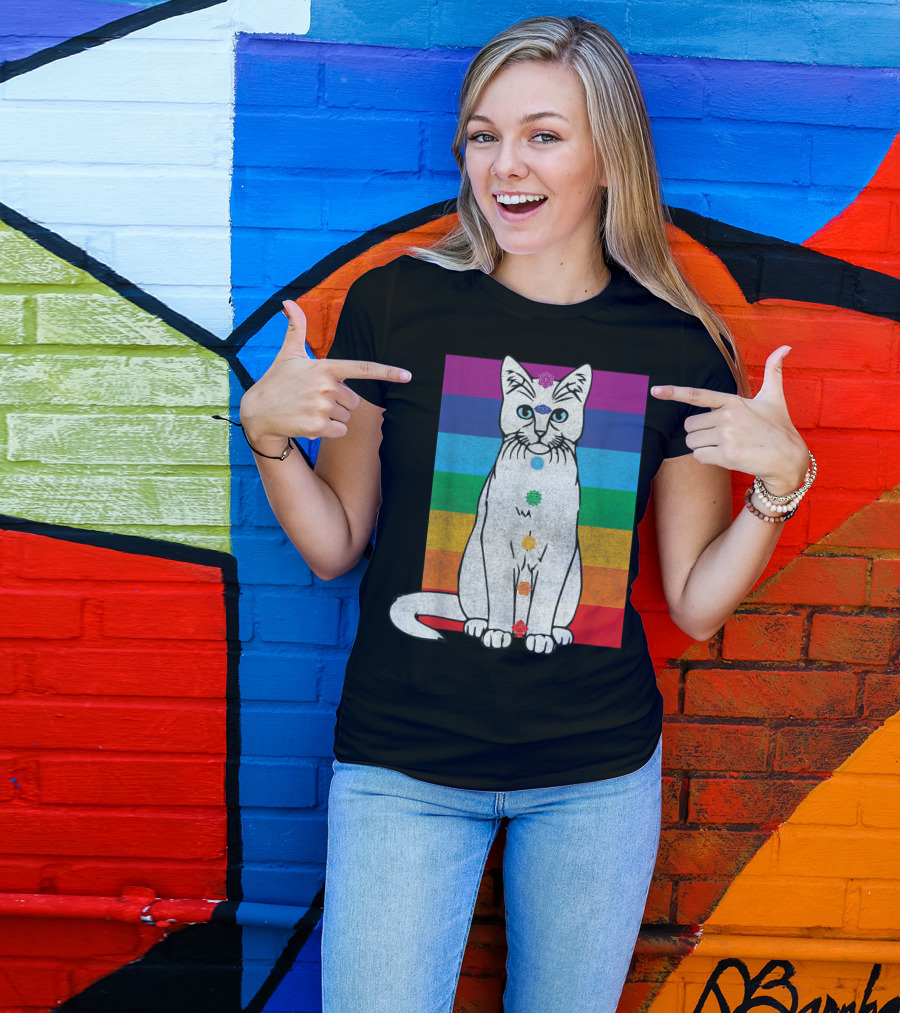 Wiccan Chakra Cat With Rainbow Tapestry And Meditating Tarot Elements T-Shirt