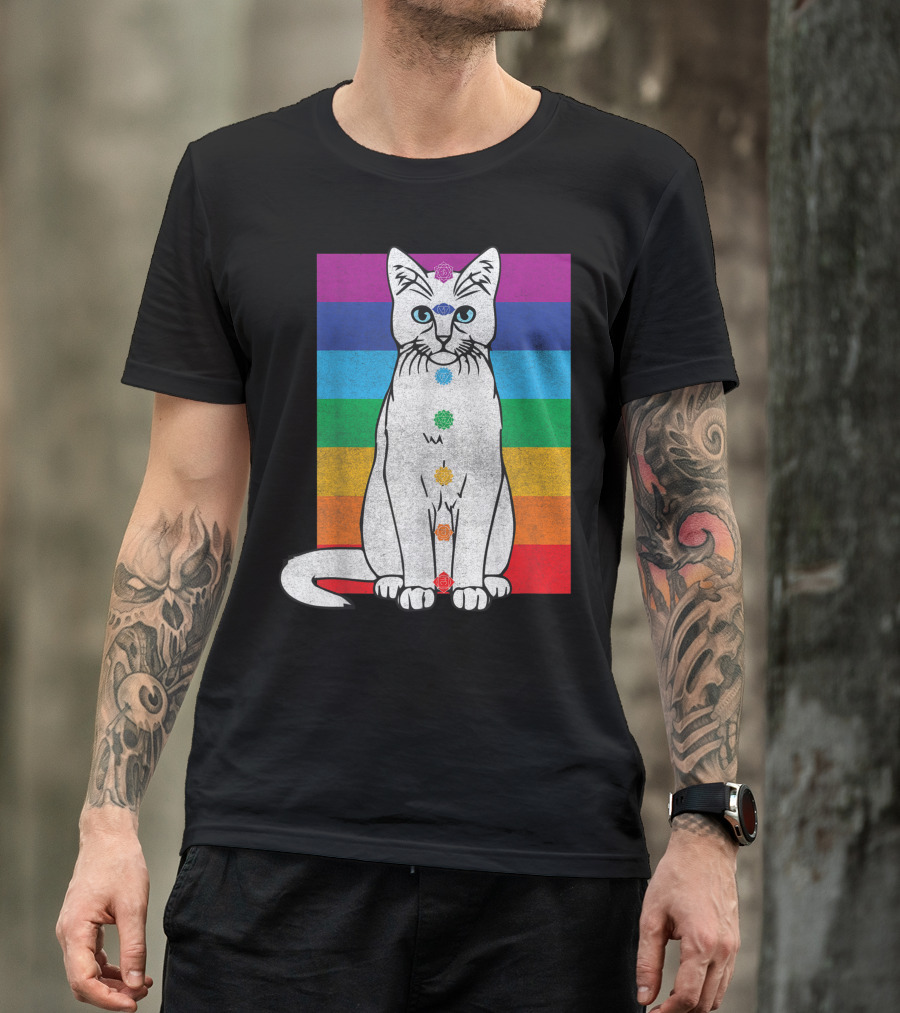 Wiccan Chakra Cat With Rainbow Tapestry And Meditating Tarot Elements T-Shirt