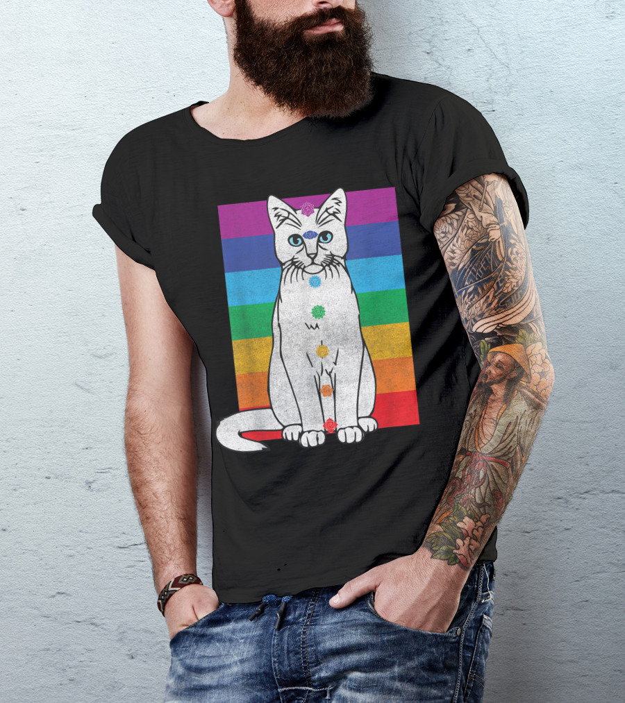 Wiccan Chakra Cat With Rainbow Tapestry And Meditating Tarot Elements T-Shirt