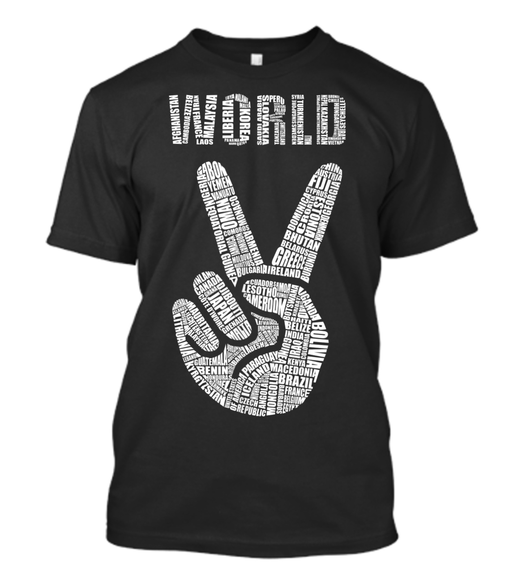 World Peace Sign Hand With Country Names Text T-Shirt