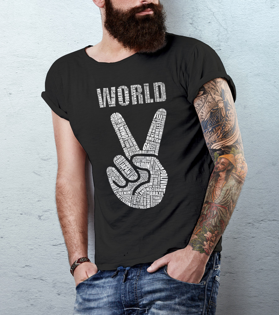 World Peace Sign Hand With Country Names Text T-Shirt