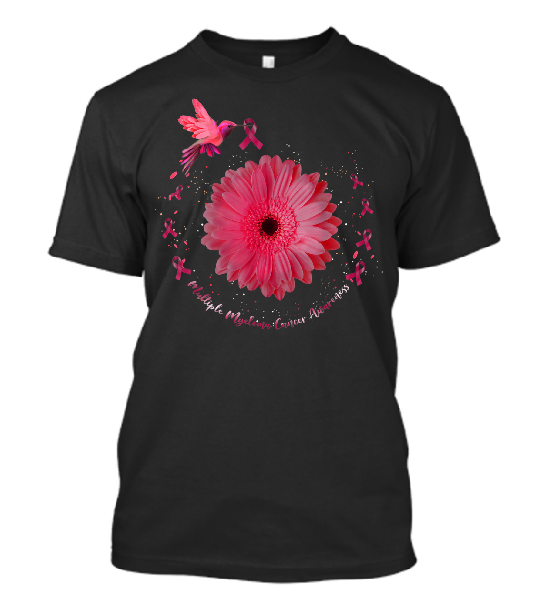 Multiple Myeloma Cancer Awareness Hummingbird Pink Ribbon Flower T-Shirt