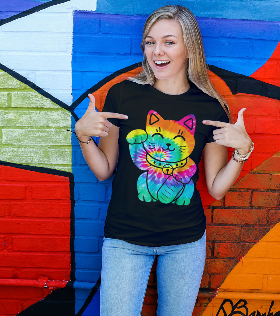 Maneki Neko Tie Dye Rainbow Trippy Hippie T-Shirt