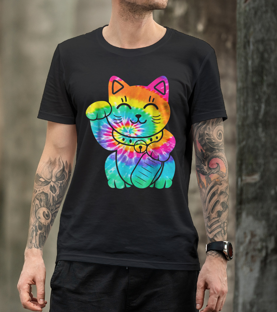 Maneki Neko Tie Dye Rainbow Trippy Hippie T-Shirt