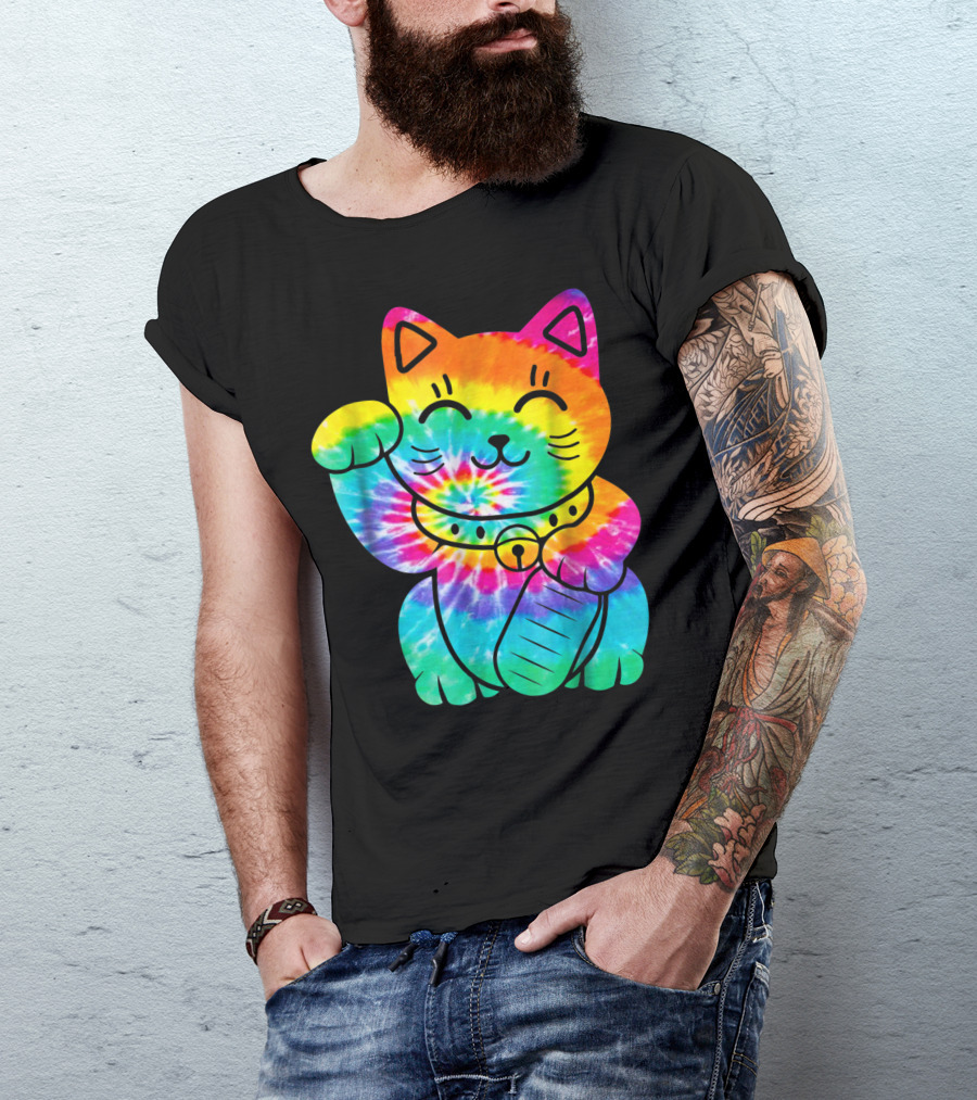 Maneki Neko Tie Dye Rainbow Trippy Hippie T-Shirt