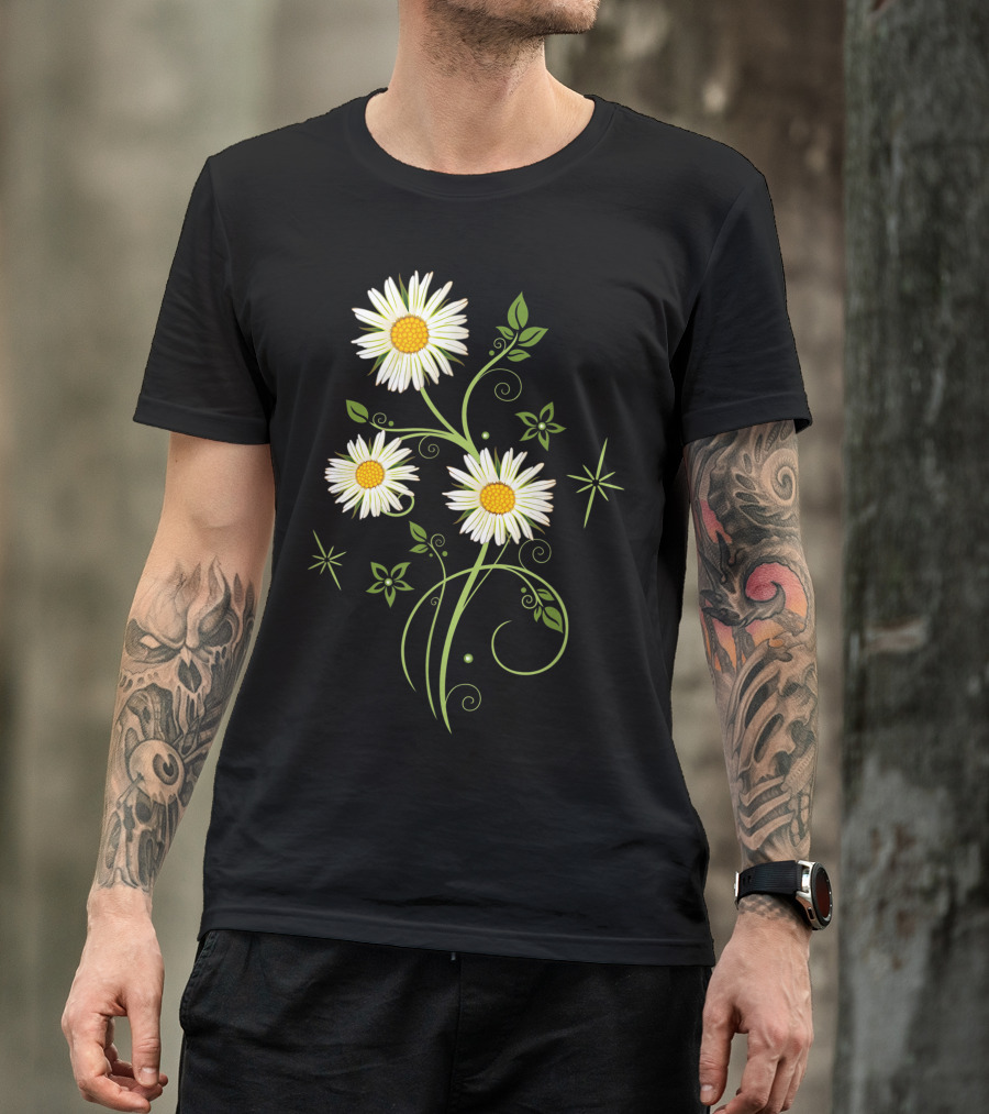 Marguerites Daisy Spring Summer Flowers And Green Vines T-Shirt