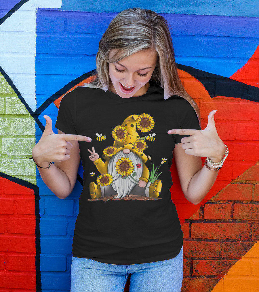 Bee Sunflower Peace Gnome With Ladybug And Bees T-Shirt