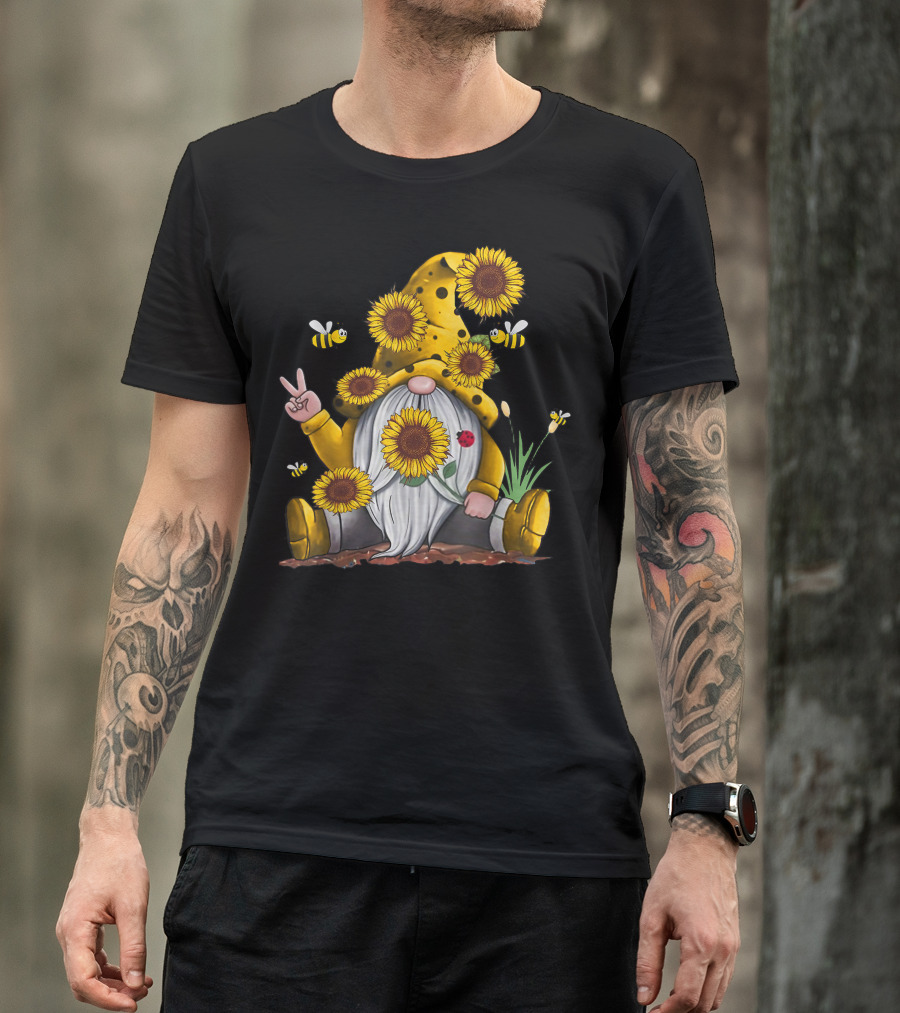 Bee Sunflower Peace Gnome With Ladybug And Bees T-Shirt
