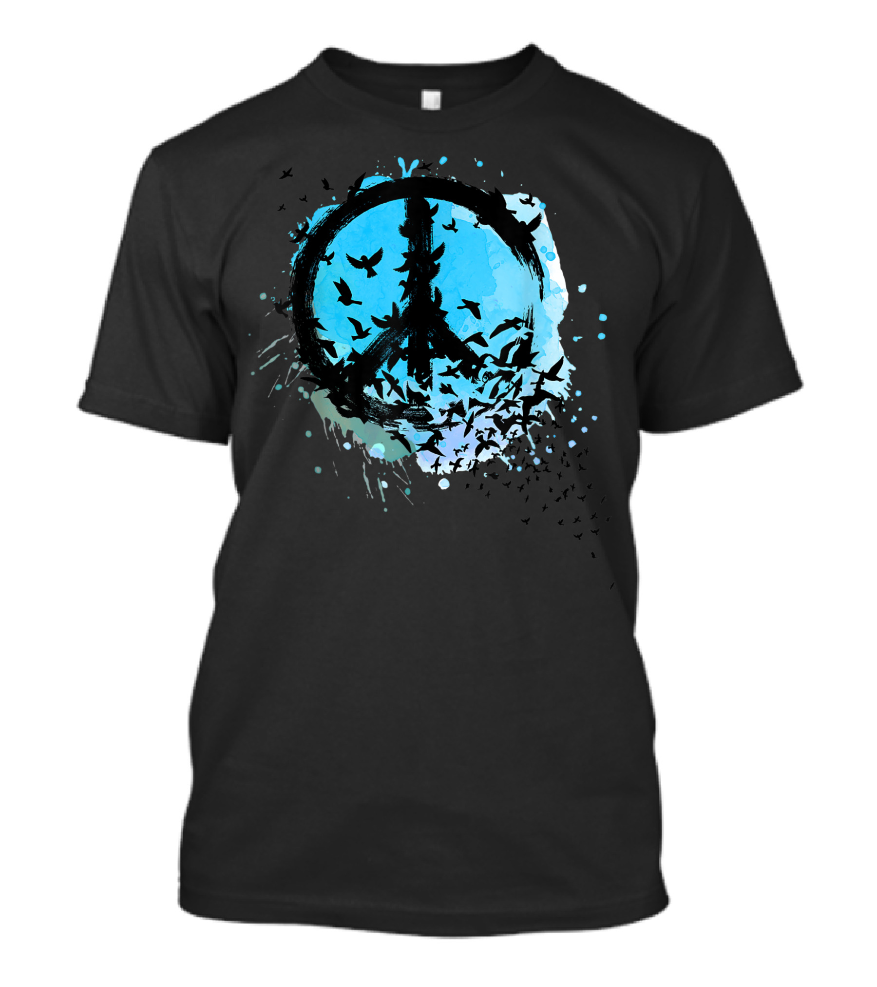 Black Birds Peace Sign Kindness Love 70s Retro Symbol With Flying Birds And Watercolor T-Shirt