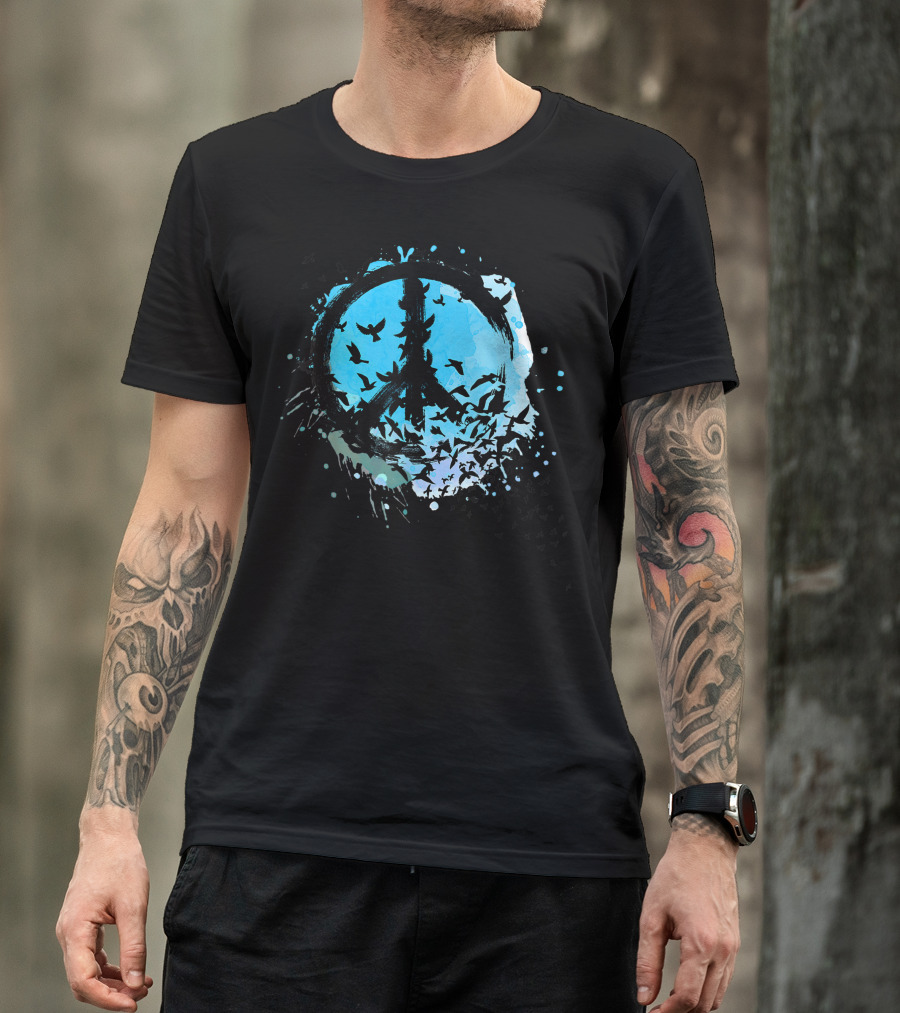 Black Birds Peace Sign Kindness Love 70s Retro Symbol With Flying Birds And Watercolor T-Shirt