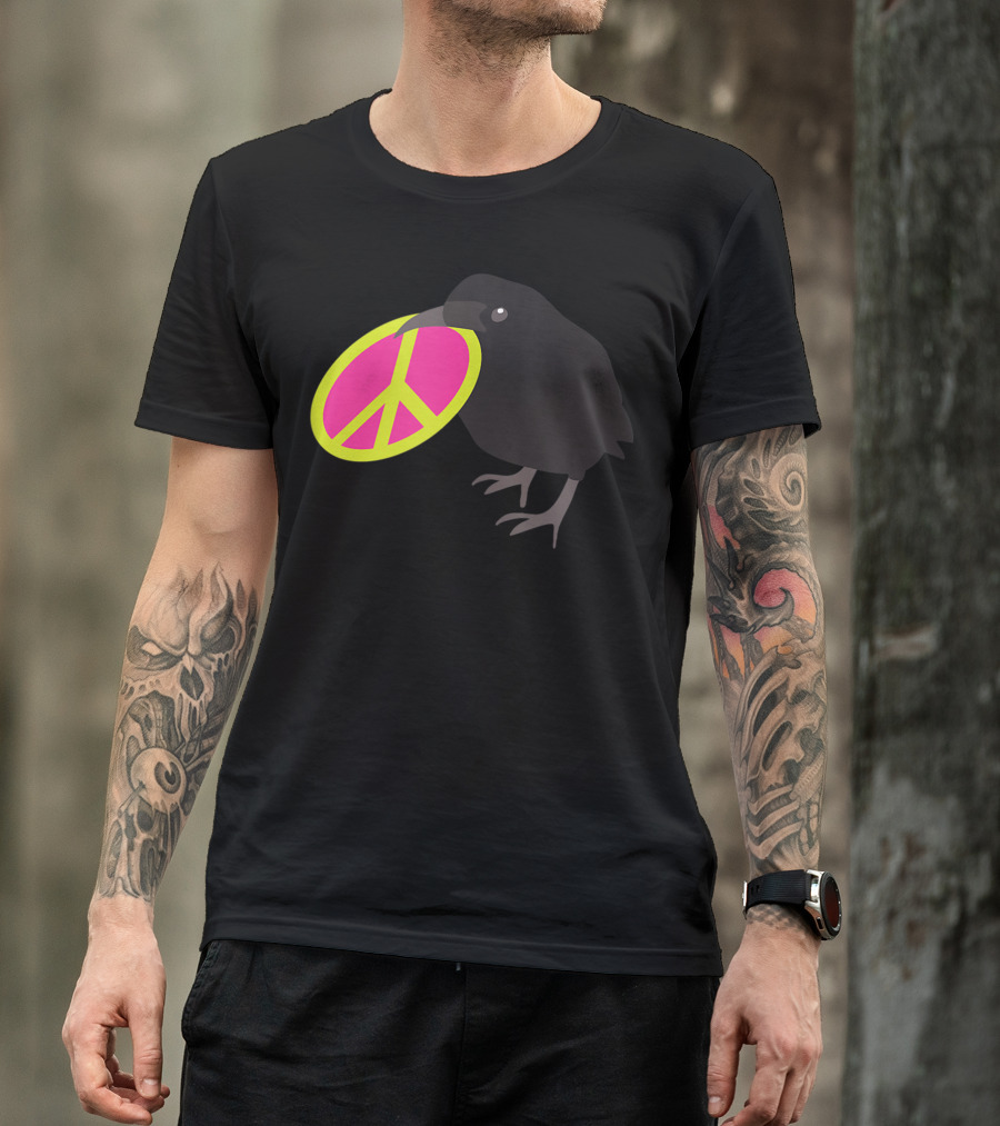 Black Crow Grasping Bright Neon Pink And Yellow Peace T-Shirt