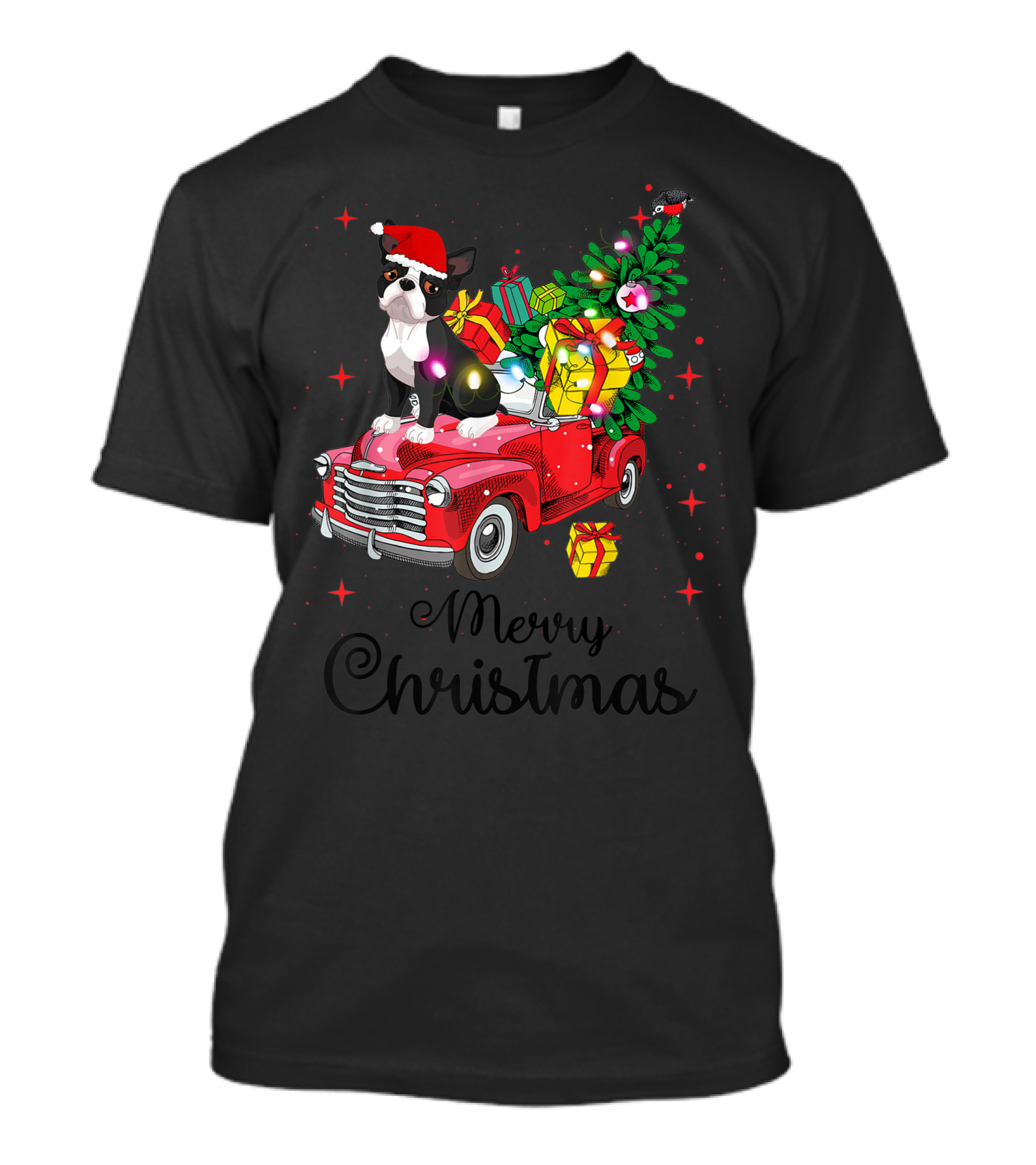 Boston Terrier Merry Christmas Presents Ride Red Truck T-Shirt