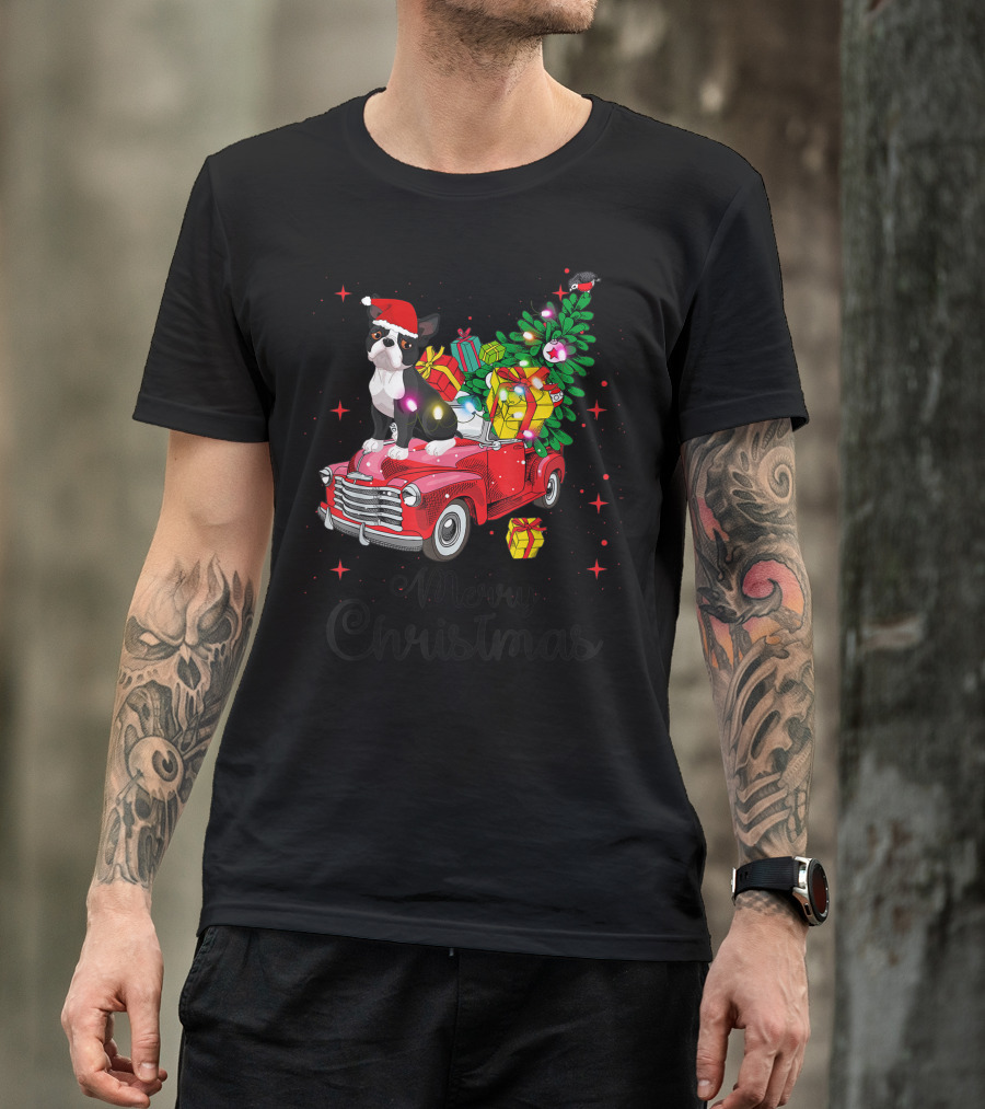 Boston Terrier Merry Christmas Presents Ride Red Truck T-Shirt