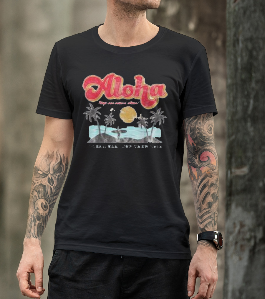 Aloha Hawaii Tropical Beach Sunset With Palm Trees Surfboard T-Shirt