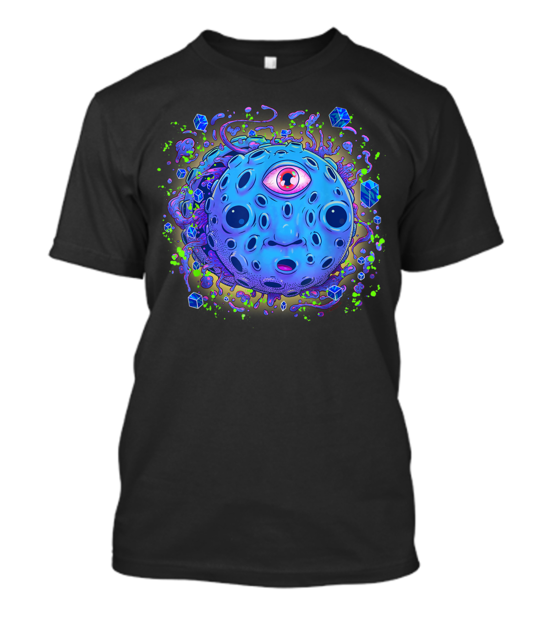 Surreal One-Eyed Baby Face On Cosmic Blue Moon With Floating Crystals T-Shirt