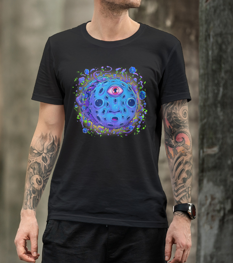 Surreal One-Eyed Baby Face On Cosmic Blue Moon With Floating Crystals T-Shirt