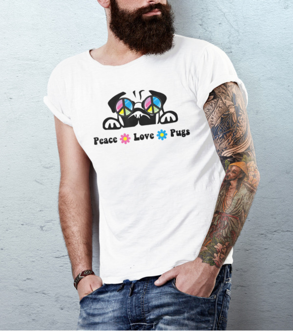 Peace Love Pugs Sunglasses Hippie Peace Sign Flowers T-Shirt