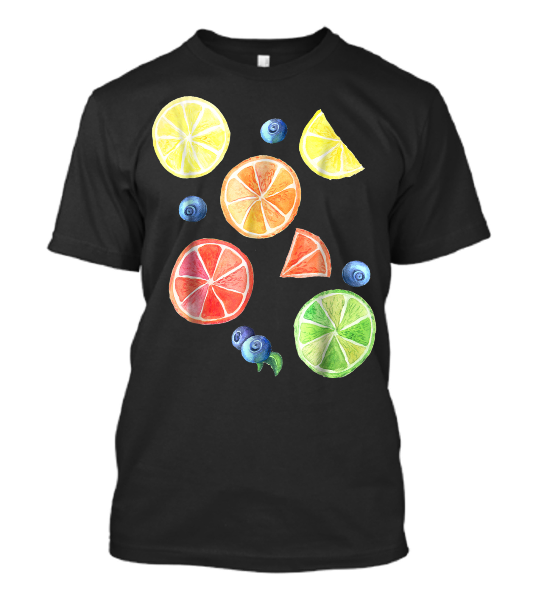 Cute Watercolor Summer Fruits Citrus Lemon Rainbow With Blueberries T-Shirt