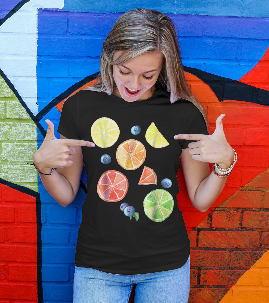 Cute Watercolor Summer Fruits Citrus Lemon Rainbow With Blueberries T-Shirt