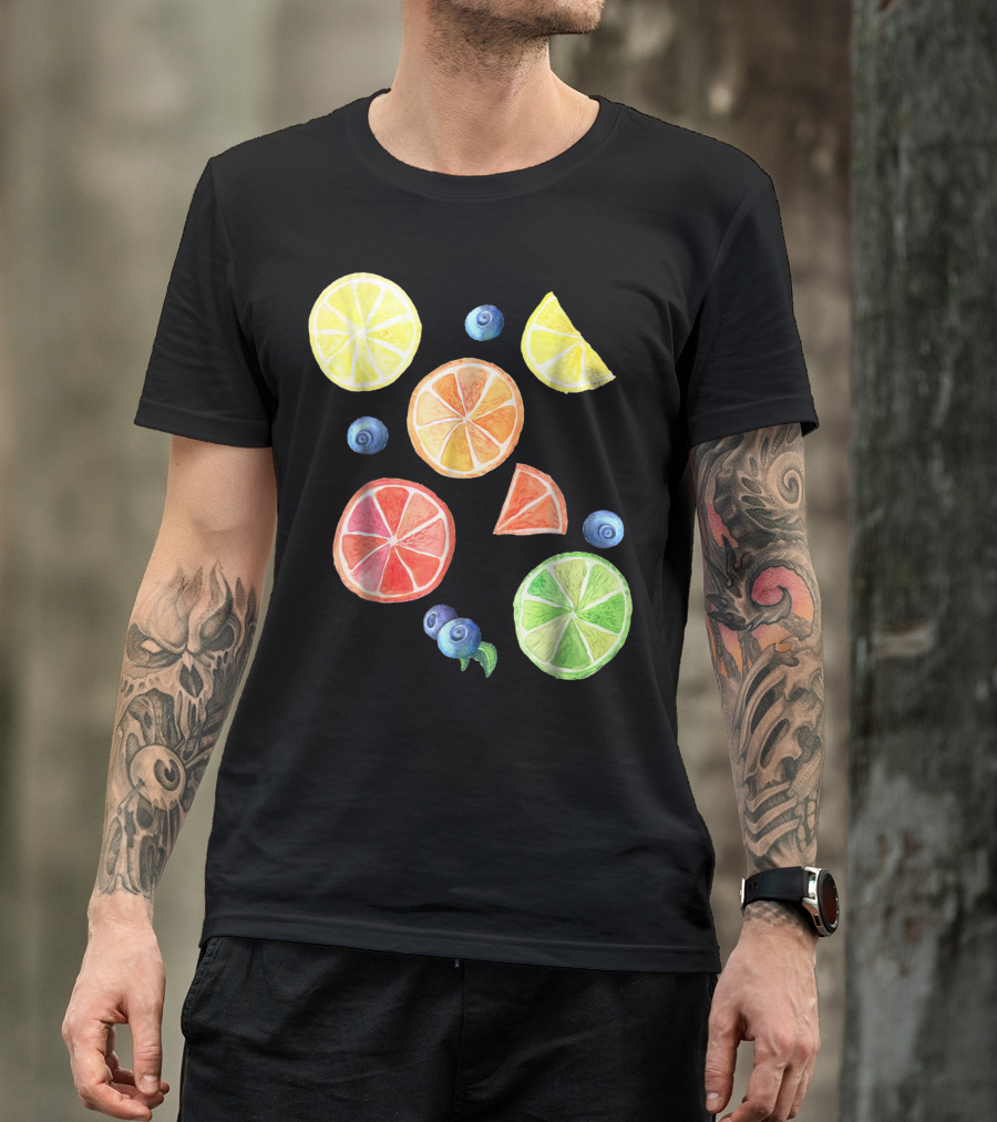Cute Watercolor Summer Fruits Citrus Lemon Rainbow With Blueberries T-Shirt