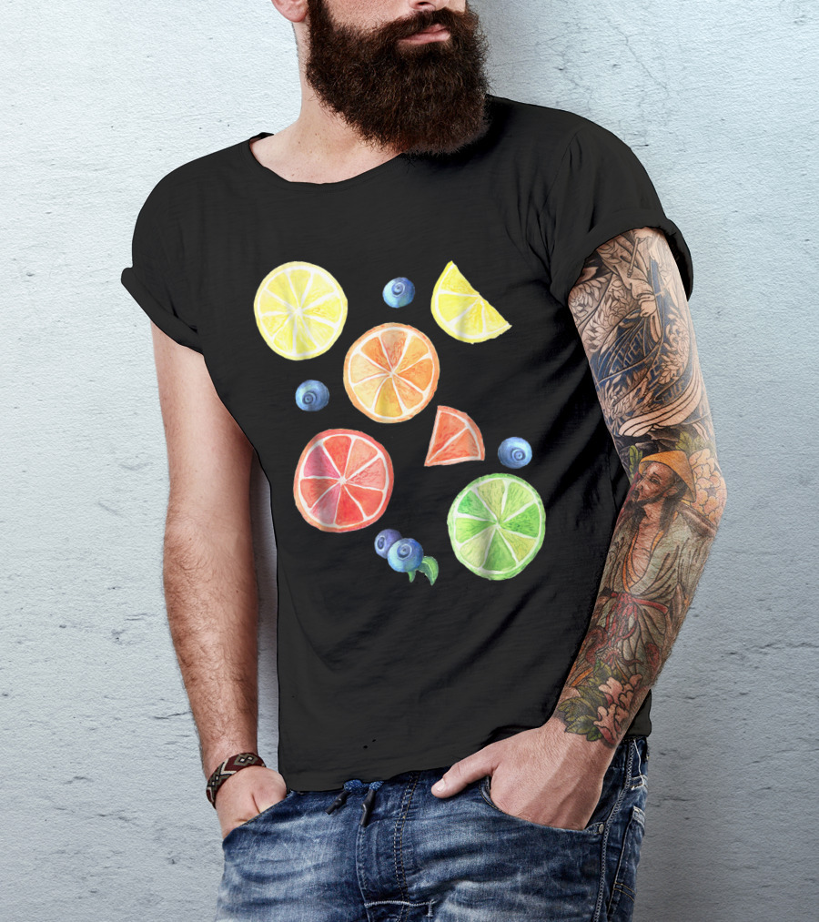 Cute Watercolor Summer Fruits Citrus Lemon Rainbow With Blueberries T-Shirt