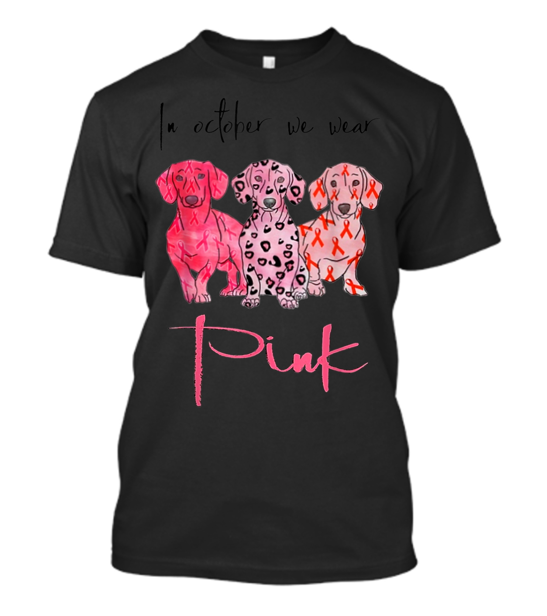 In October We Wear Pink Dachshund Autumn Fall Breast Cancer T-Shirt