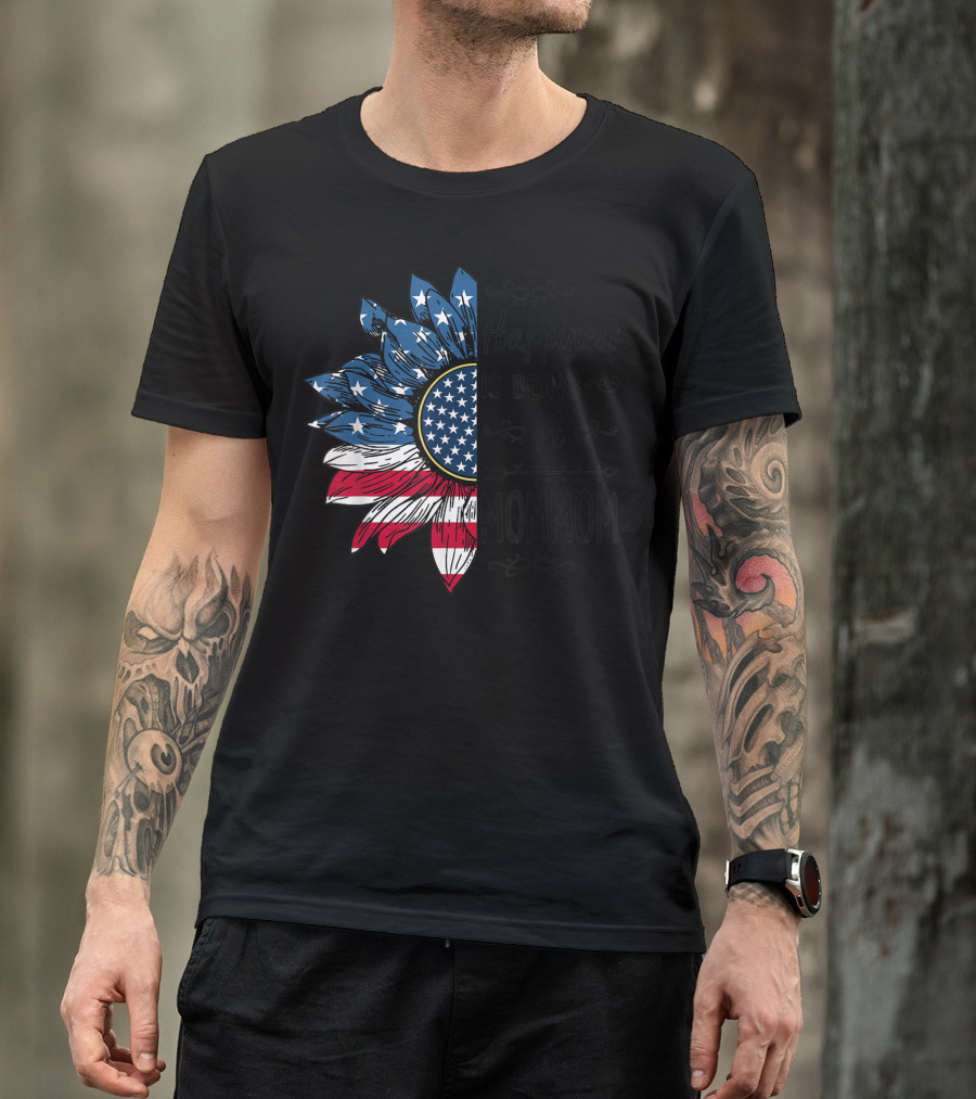 Happiness Is Being A Mommom Sunflower American Flag 4th Of July T-Shirt