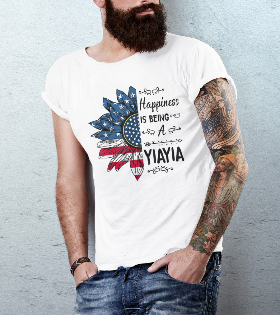 Happiness Is Being A Yiayia American Flag Sunflower 4Th Of July T-Shirt